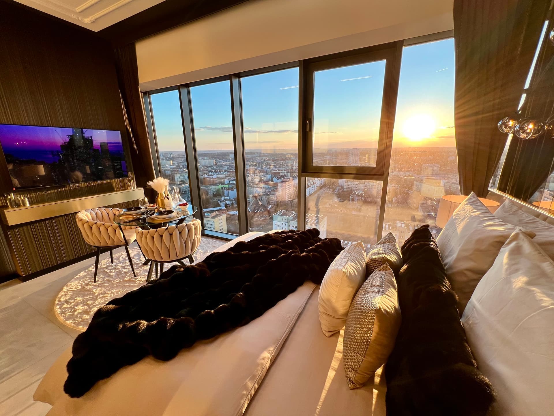 Full suite bathed in golden sunset light